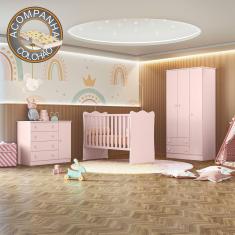 Quarto de Bebê Doce Sonho Completo com Cômoda Sapateira Qmovi Rosa Acetinado + Colchão Gazin