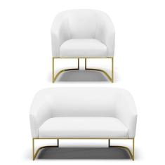 Sofá Namoradeira E Poltrona Base Industrial Dourado Stella Corino D03 - D`rossi Cor Branco
