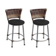 Kit 2 Banquetas Baixas Prata com Encosto Junco Capuccino Assento Preto