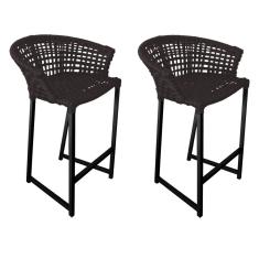 Kit 2 Banquetas Reis Em Corda Náutica E Base Em Alumínio Preta Para área Gourmet Externa Marrom