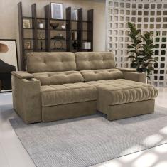 Sofá 260cm Com Porta Copos Retrátil E Reclinável Premier Bege