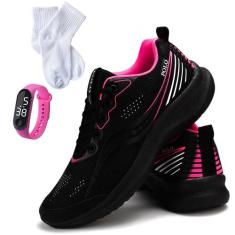 Tenis Para Corrida Feminino Polo Running Super Leve Kit Meia Relogio, 