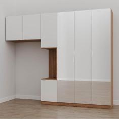 Guarda Roupa Modulado de Solteiro com Espelho e Mesa de Cabeceira Direita 7 Portas 3 Peças Hera Cabe Louro/Branco Geada/Cromado