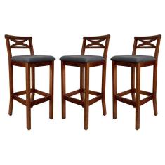 Kit 3 Banquetas Alta para Balcão Madri Madeira Castanho Suede CCS