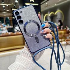 Capa crossbody com cordão glitter para Samsung Galaxy S24 S23 S21 FE S22 Ultra Plus capa magnética macia revestida de TPU, azul marinho, para Samsung S23 FE