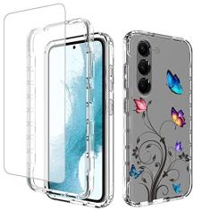 Ueokeird Capa para Galaxy S23 Plus, capa para Samsung S23+ com protetor de tela de vidro temperado, capa protetora de corpo inteiro com estampa de borboleta transparente para Samsung Galaxy S23 Plus