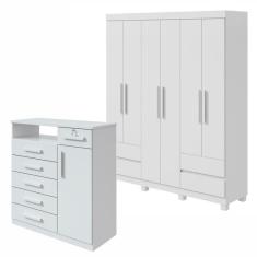 Conjunto de Guarda-Roupa 6 Portas 4 Gavetas Zeus com Pés e Cômoda 1 Porta 6 Gavetas Da Vinci Branco