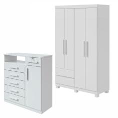 Conjunto de Guarda-Roupa 4 Portas 2 Gavetas Zeus com Pés e Cômoda 1 Porta 6 Gavetas Da Vinci Branco