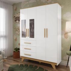 Guarda Roupa Infantil 154,8cm 4 Portas com Janela 3 Gavetas 100% Mdf Retrô Espresso Móveis Branco/Amêndoa
