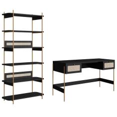 Mesa Escrivaninha E Estante Pé Metal Arlo A10 Nero-dourado - Mpozenato