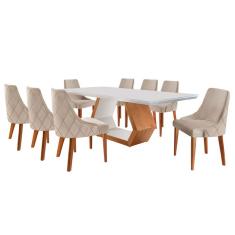 Conjunto de Mesa de Jantar Ane II com Tampo de Vidro Off White e 8 Cadeiras Estofadas Esmeralda Veludo Bege