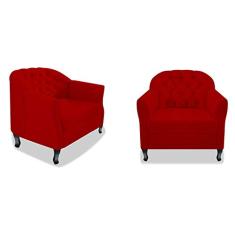 Kit 02 Poltrona Cadeira Sofá Julia com Botonê Pés Luiz XV para Sala de Estar Recepção Quarto Escritório Suede Vermelho - AM Decor