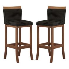 Kit 2 Banquetas Média Encosto Estofado 38x92 Cm Ilha Paris Madeira Maciça Castanho Suede Preto CCS