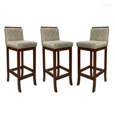 Kit 3 Banquetas Alta com Encosto Matelassê Nice Madeira Maciça Suede Bege CCS