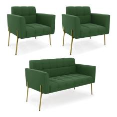 Kit Sofá Namoradeira E 2 Poltronas Elisa Suede Verde Dourado D'Rossi