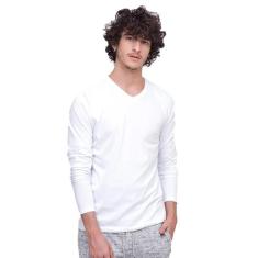 Camiseta Manga Longa Branca Gola V 100% Algodão Di Nuevo