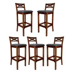 Kit 5 Banquetas Alta Estofada Madri Madeira Castanho Suede Cinza CCS