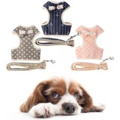 Coleira Peitoral para Cachorros e Guia Estampada Yorkshire Shih-Tzu (P, Cinza)