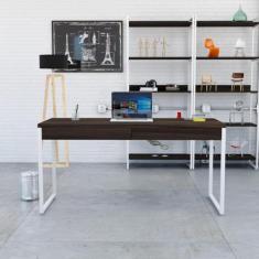 Mesa para Escritório 150cm 2 Gavetas Kuadra Nogal/Est.Branca