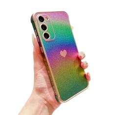 phylla Capa de telefone para Samsung Galaxy S23+ Plus luxuosa banhada com coração fofo iridescente arco-íris a laser, proteção para câmera, silicone macio, à prova de choque, lateral, elegante,