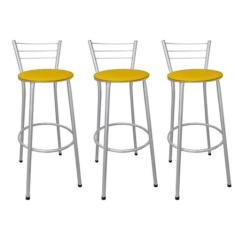 Kit 3 Banquetas Altas Prata com Encosto Assento Amarelo - Fortmix