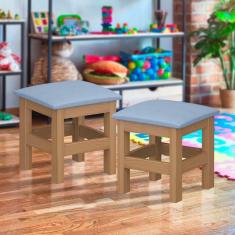 Banquinho De Madeira Para Criança 2 Unidades Nogueira Com Estofado Azul Zigen JM Móveis