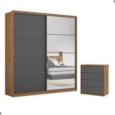 Conjunto Quarto Guarda Roupa Com Espelho E Comoda Napolis Amendola Grafito