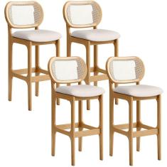 Kit 04 Banquetas Altas Para Cozinha Bancada Sala Tela Betta Fixa L02 Linho Cru - Lyam