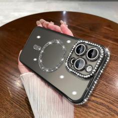 Capa luxuosa de diamante macio TPU transparente brilhante para iPhone 15 11 12 13 14 Pro Max Plus capa magnética de carregamento sem fio, preta, para iPhone 14 ProMax