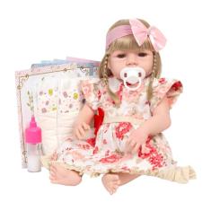 Boneca Reborn Bebê Loira Vestido Florido Kit 13 Acessórios