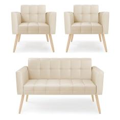 Kit 1 Sofá Namoradeira E 2 Poltronas Elisa Corino Bege Pés Palito Natural - D`rossi