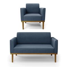 Sofá Namoradeira Com Poltrona Base De Madeira Fixa Castanho Marisa Suede D03 - D?rossi Cor Azul Marinho
