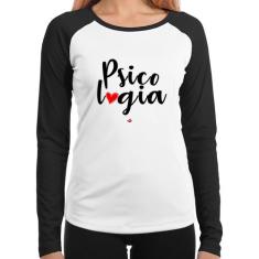 Baby Look Raglan Psicologia por amor Manga Longa - Foca na Moda, Branc