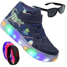 Tenis Infantil De Led Meninos Dinossauro Botinha Masculino + Oculos Relogio-Masculino