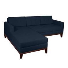 Sofá 3 Lugares Living com Chaise Esquerdo Pés e Base em Madeira Linho Cotton Azul Marinho