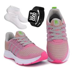 KIT TENIS FEMININO ACADEMIA + RELÓGIO DIGITAL LED + MEIA (Pink, BR, Adulto, Numérico, 34)