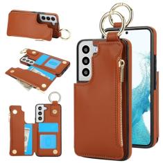 Capa carteira para Samsung Galaxy S22 Plus, 3 compartimentos para cartão, 1 bolso com zíper, suporte de fecho magnético com suporte de anel à prova de choque com bloqueio de RFID para Samsung S22 Plus
