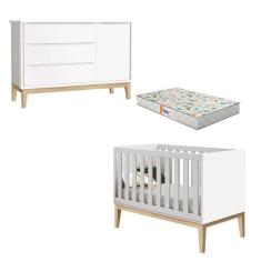 Berço Americano e Cômoda New Classic Branco com Pés Madeira Natural e 