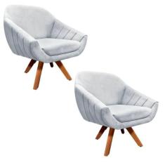 Kit 02 Poltronas Giratória Giovana Suede Cinza Base Madeira - D'ROSSI
