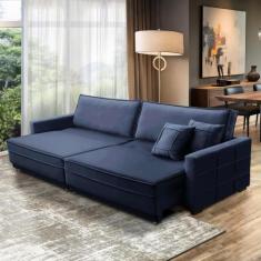 Sofá Cama Retrátil e Reclinável 2,30m com Molas Karen Veludo Azul Adon