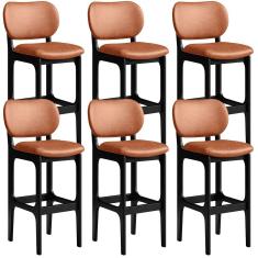 Kit 06 Banquetas Alta Para Cozinha Madeira Fixa Betta L02 Preto Couríssimo Camel - Lyam Decor