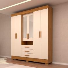Guarda-roupa Casal 6 Portas 3 Gavetas Capelinha com Espelho 100% Mdf Débora Cinamomo/Off White