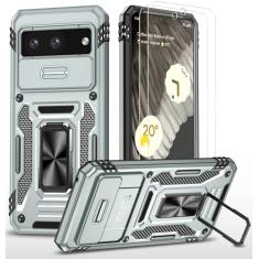 Ezanmull Capa para celular Google Pixel 8A com capa de câmera deslizante + protetor de tela (2 pacotes), suporte de anel rotacionado, capa protetora à prova de choque de grau militar para Google Pixel