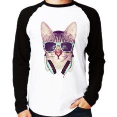 Camiseta Raglan Gato Headphone Manga Longa - Foca na Moda, Branco, Pre