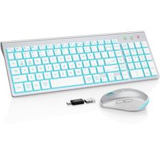 SABLUTE Conjunto de teclado e mouse sem fio retroiluminado – teclado compacto silencioso com mouse RGB, recarregável, fino, modo de suspensão, conjunto de mouse portátil sem fio para Mac, Windows,