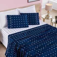 Jogo De Cama Lençol 200 Fios Petit Poá Queen 04 Peças - Marinho