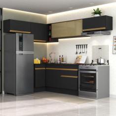 Armário Cozinha Completa de Canto Veneza Multimóveis V2095, Preto/Dour