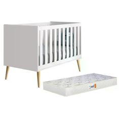 Berço Americano Theo Branco Fosco Com Pés Madeira Natural E Colchão D18 - Reller Móveis Branco Fosco