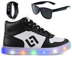 Tenis Infantil De Led Meninos Botinha Cano Alto Escolar Casual Basico + Oculos Relogio-Masculino