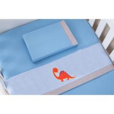 Jogo De Lençol Para Berço Americano 3 Peças Dinossauro Azul Claro